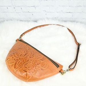 Patricia Nash Cognac Tan Leather Embossed Flower Sling, Shoulder, Crossbody Bag